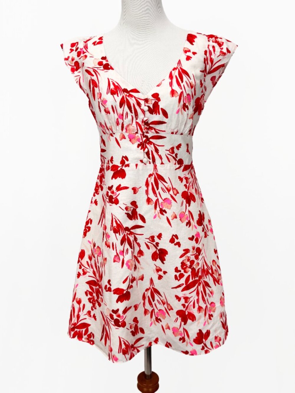 Banana Republic Women's Size 2 White Red Flower Print Linen Blend A-Line Dress
